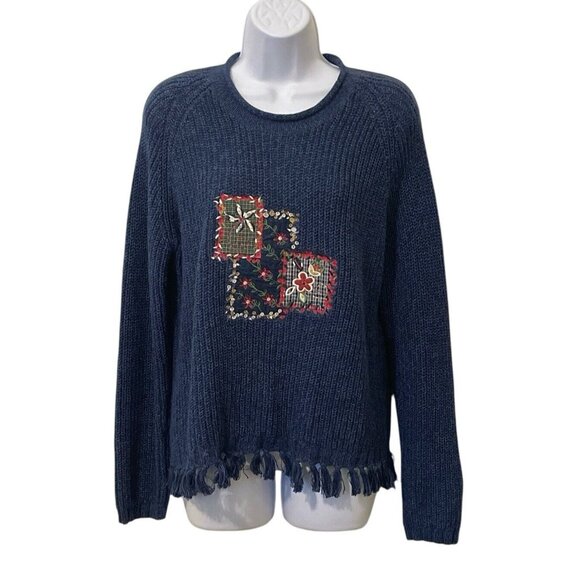 Koret City Blues Womens Embroidered  Patches Floral Sweater Size M Blue Knit - Picture 1 of 13